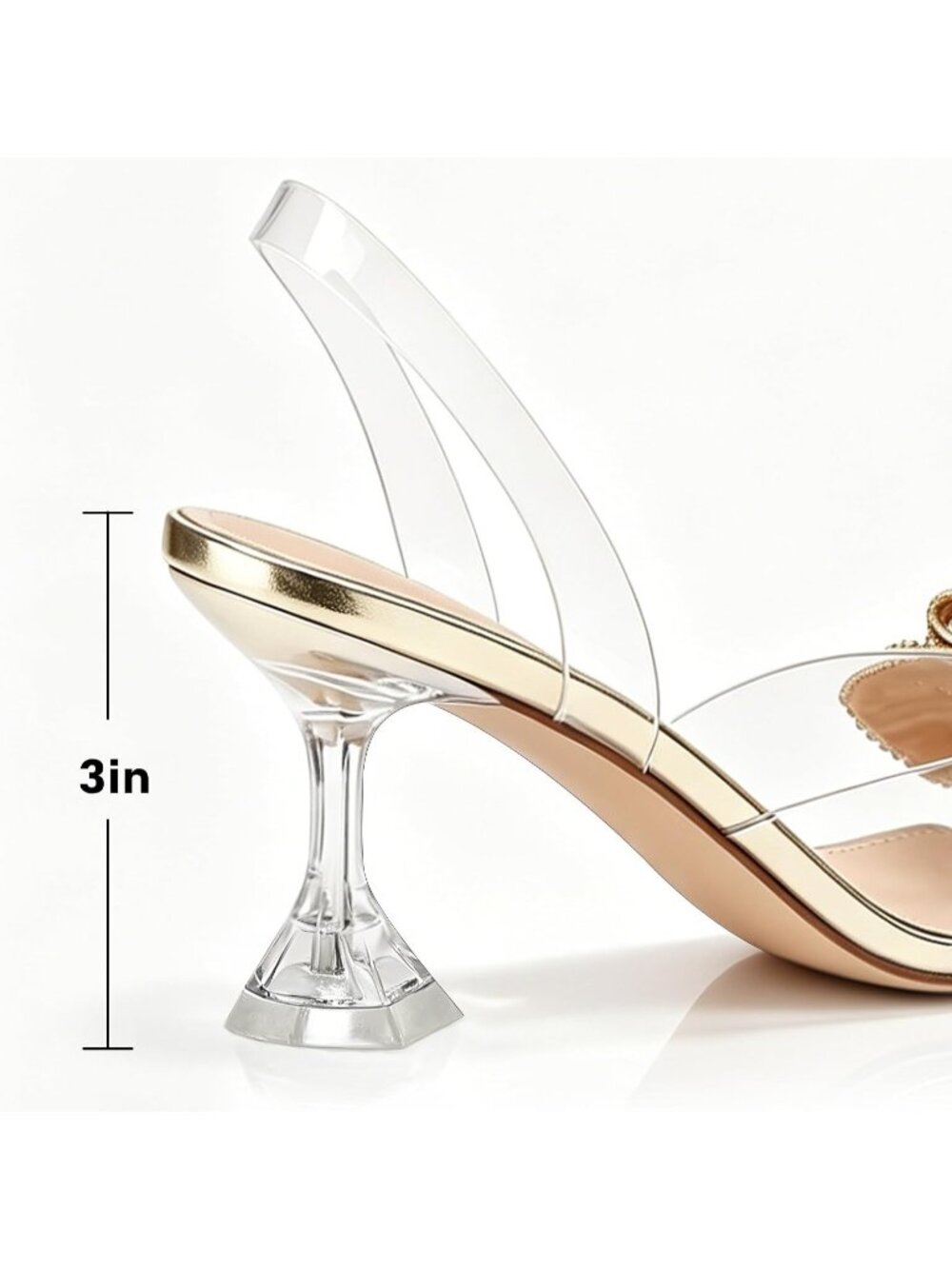 Women's Gold Crystal Bow Clear Slingback Pointed Closed Toe Comfortable Heels - Picture 4 of 5